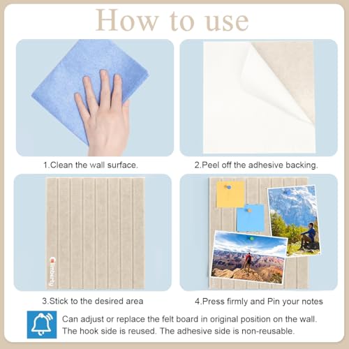Image of Climberty 6-Piece Felt Board Bulletin Board,30x30cm Self-Adhesive Wall Panel,with 50 Pushpins Felt Message for Notes Photos and Schedules (Beige)