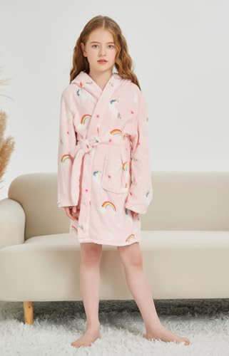 Tunoluker 20230612-6 Kids Boys Girls Flannel Hooded Bathrobe Toddler Robe Pajamas Sleepwear Pink Rainbow 4-5T thumb #3