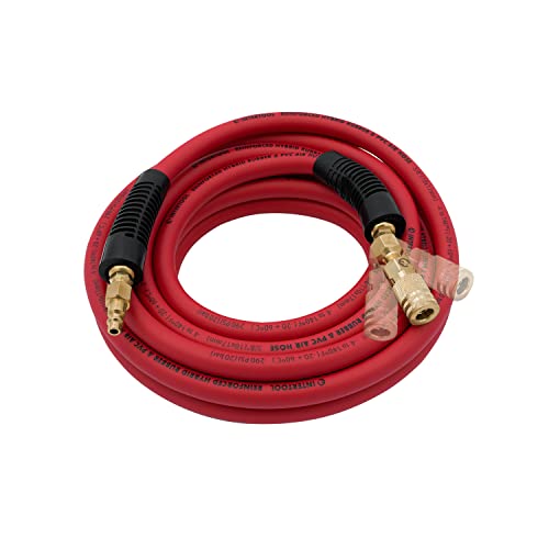 INTERTOOL Hybrid Air Hose, 3/8” x 25 ft., Ultra Lightweight, Flexible Reinforced Lining, All-Weather Kink Resistance, Brass Industrial Fittings, 1/4” MNPT, Swivel Joint, Plug, Quick Coupler PT08-1781
