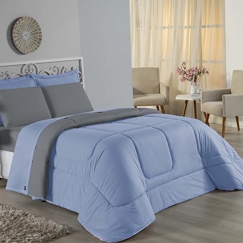 Edredom JRA Dupla Face em Malha 100% Algodão, Casal/Queen/King, Enchimento em Poliéster (AZUL CLARO/CINZA, Casal)