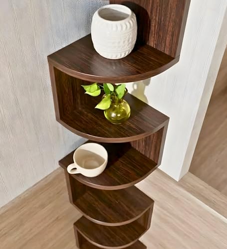 Image of 5-Tier Zigzag Corner Wall Mount Shelf, Modern Wooden Floating Corner Shelf, Space Saving Wall Storage for Living Room, Bedroom, Office, Books, Plants, Decor (Brown, 5)