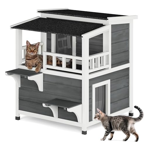 YITAHOME Casetta per gatti a due piani con balcone, grande villa Feral Villa, resistente alle intemperie, 2 piani fuori, per gatti multipli