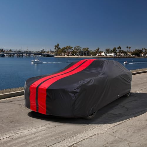 Image of iCarCover Custom Car Cover for Dodge Monaco 2-Door, 4-Door (1967-1978) Waterproof All Weather Rain Snow UV Sun Protector Full Exterior Indoor Outdoor Car Cover (Stripe - Black /Red)