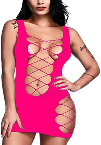 Woosifun Women Sexy Fishnet Lingerie Sleepwear V-Neck Babydoll Chemise Nightwear Mini Teddy Dress Dress One Size