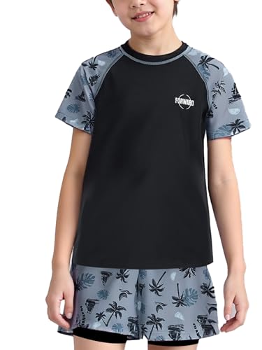 Kids Boys 2Pcs Short Sleeve Swim Top with Double Layers Shorts Coconut Tree Print Sun Protection Swimwear