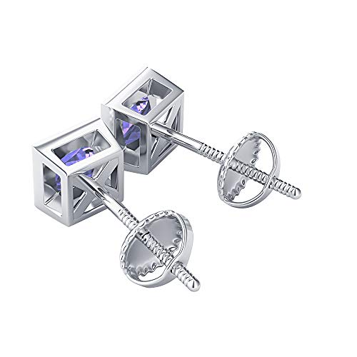 Bezel Set Princess Cut Created Gemstones (3MM) Solitaire Stud Earrings 14K White Gold Over .925 Sterling Silver2