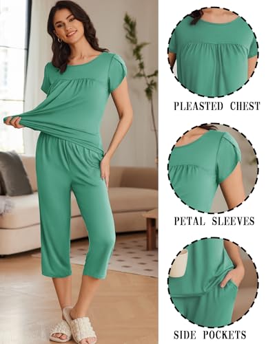 Image of Ekouaer Women's Capri Pajama Set Short Sleeve Mumu Pjs Pleated Top Capri Pants with Pockets Sleepwear Lounge Set