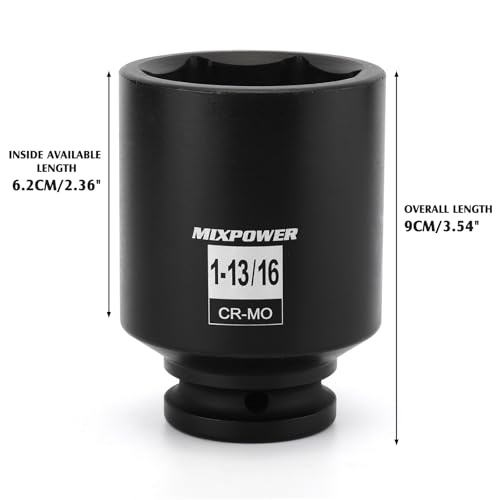Image of MIXPOWER 3 /4 inch Drive Deep Impact Socket, CR-MO, 1-13 /16 inch, SAE, 6 Point, Axle Nut Impact Grade Socket for Easy Removal