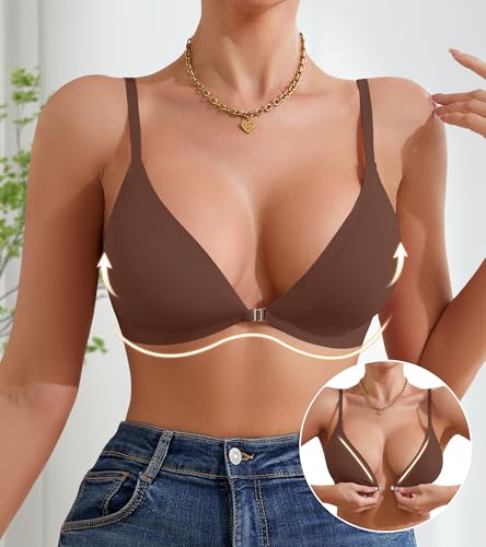 Image of DEANGELMON Front Closure Bras for Women Wireless Lightly Padded Bralett Seamless Low Cut V-Neck Lightweight T-Shirts Bra