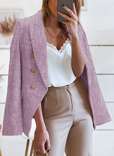 Happy Sailed Double Breasted Tweed Blazer Jackets For Women Slim Fit Open Front Pockets Jackets Coat Formal Lapel Collar Long Sleeve Blazers Outwear Bunissness Work Suits Purple Large #TOP1