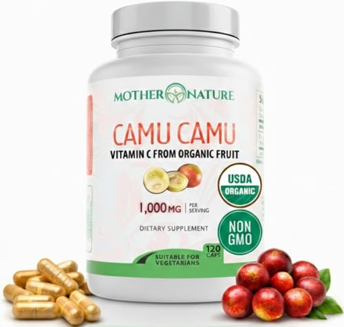 Organic Vitamin C from Camu Camu Capsules 1,000mg, Packed with Natural VIT C, Raw Antioxidants - Immune Support Supplement & Anti-Aging for Skin - Powder Organic, Vegan, Non-GMO (120 Count)