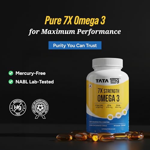 Image of Tata 1mg 7X Strength Omega 3 Fish Oil 2700 mg | High Absorption Triglyceride Form | 1215 mg EPA + 864 mg DHA | With Vitamin E | Heart, Brain, Joint & Eye Health | 60 Softgel Capsules
