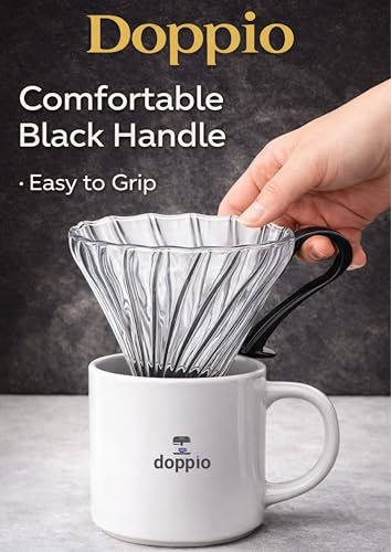 Image of DOPPIO Premium Glass Pour Over Coffee Dripper | Borosilicate V60 Style Filter | Spiral Ribbed Design | Removable Base | Reusable Manual Coffee Maker for Home & Office (Size 02, Black Handle)