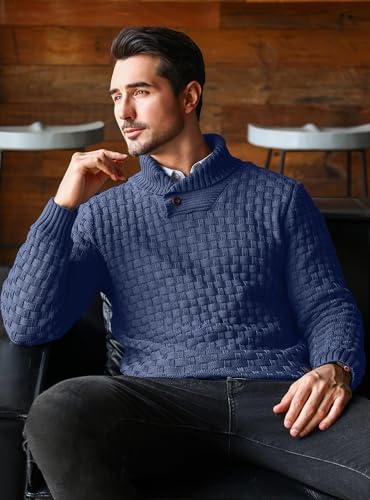 Arcciit Men'S Fashion Casual Shawl Collar Sweaters V-Neck Relaxed Fit Cable Pullovers Sweater Navy Large thumb #1