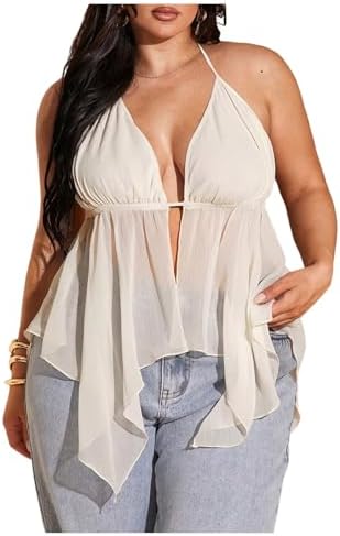 SOLY HUX Women's Plus Size Halter Tops Y2k Sexy Deep V Neck Tie B...