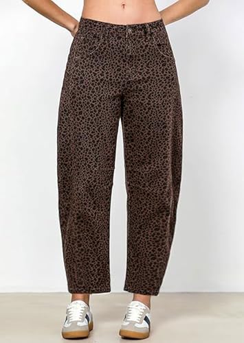 loveimgs Women Stretch Leopard Baggy Barrel Jeans Mid Rise Cheetah Print Jeans Boyfriend Wide Leg Cute Ankle Denim Pants Y2k2