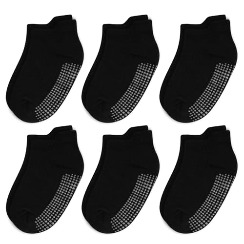 RUNDONG Calcetines antideslizantes para bebés y niños pequeños, 6 pares de calcetines atléticos de agarre redondo para bebés de 0 a 4 años, recién nacidos, niños y niñas, Negro, S