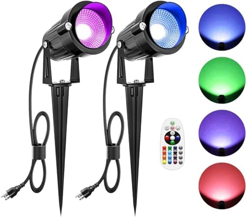 ZUCKEO Christmas Spotlights LED Outdoor Spot Lights for Yard, 10W RGB Landscape Lights Color Changing, 120V Waterproof Spotlight with Plug & Remote for House Garden Path Tree Decoration(2Pack)