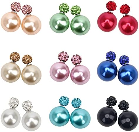 Adecco LLC 9 Pairs Bling Rhinestone Polymer Clay Studs Pearl Button Earrings, Double Ball Earring, Jewelry Piercing Ear Ring