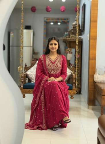 Image of ANNI Designer Women's Rayon Viscose Printed Embroidered Anarkali Kurta with Pant & Dupatta | Ethnic Kurti Set with Embroidery | Soft Comfortable Fabric | Stylish Outfit for Festive, Office