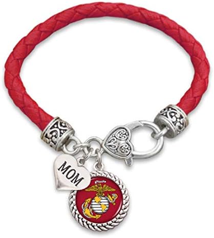 U.S. Marines Mom Leather Bracelet with Round Logo, Charm and Lobster Clasp