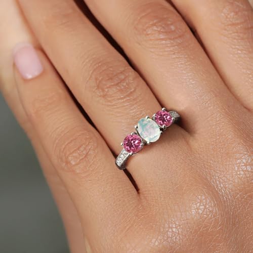 Gem Stone King 1.75 Cttw White Simulated Opal and Pink Tourmaline Engagement Ring For Women | 925 Sterling Silver | Oval 7X5MM and Round 5MM | Available in size 5, 6, 7, 8, 94