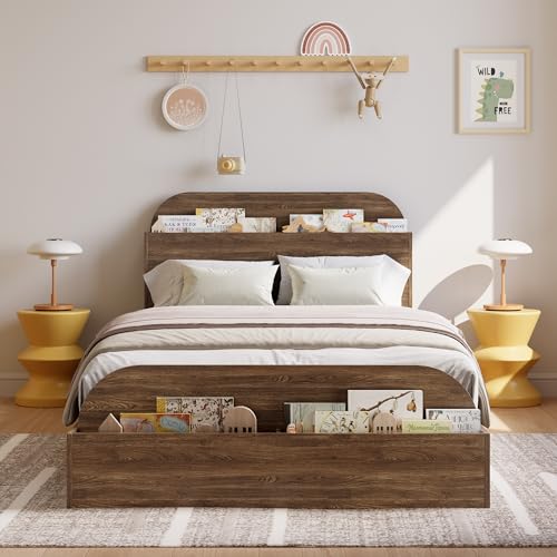 GarveeHome Twin XL Size Bed Frame, Wooden Beds with Storage Headboard and Raised-Foodboard, Twin XL-Floor Low Platform Bed for Bedroom, Sturdy Wooden