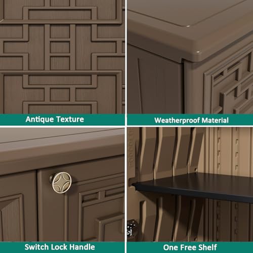 Image of KINYING Outdoor Storage Cabinet Waterproof, Resin 62 Gallon Storage Box for Patio Furniture Cushions, Garden Tools, Pool Accessories (Dark Brown with 1 Shelving)