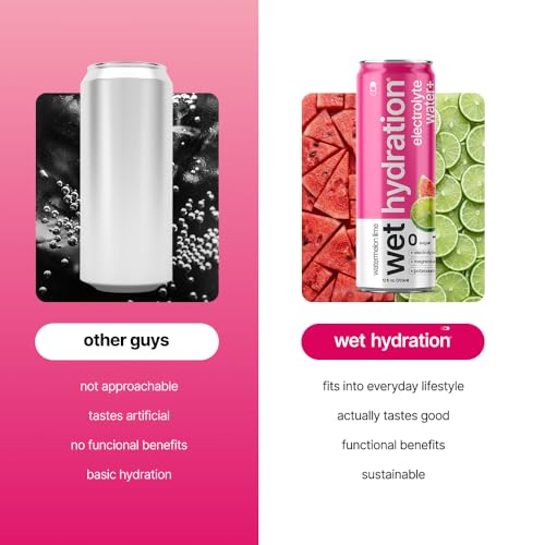Image of Wet Hydration | Functional Wellness Water, Non-Carbonated - Watermelon Lemon Lime (12 Ounce Cans, Pack of 12) - Flavored Water, Hydration Drink, No Sugar, No Artificial Ingredients, Zero Calories