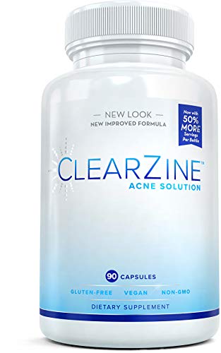 ClearZine Acne Solution - Las mejores pastillas naturales para el acné para el tratamiento rápido de espinillas y puntos negros | Suplemento para pieles claras con ácido pantoténico y zinc, 90 cáps