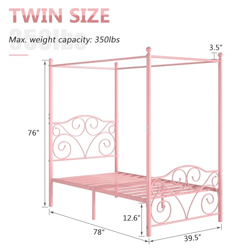 Image of VECELO Metal Canopy Bed Frame Twin Size, 4 Posters Platform Mattress Foundation with Headboard, Heavy Duty Steel Slats Support, No Box Spring Needed, Pink