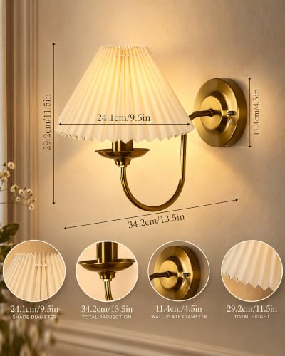 Homesake Antique Brass Wall Sconce, E27, Gold, Pleated off-white - Image 4