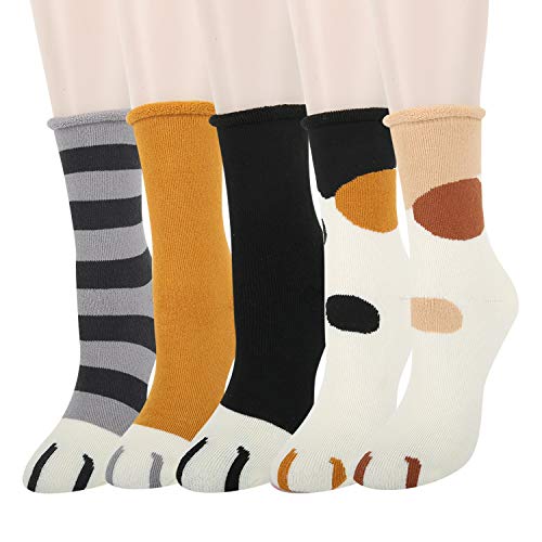 Womens Girls Fun Novelty Wool Socks Vintage Warm Cozy Winter Socks Soft Thick Knit Cartoon Colorful Floral Thermal Hiking Socks 5 Pairs Gift,Cat Paw