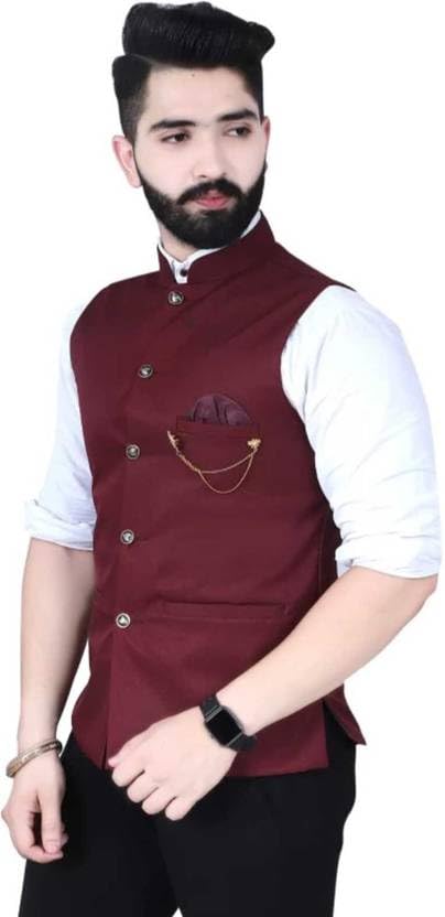 Image of Men's Nehru Style Waistcoat, Black Premium Matty Fabric, Sleeveless Regular Fit, Chain Brooch Detail