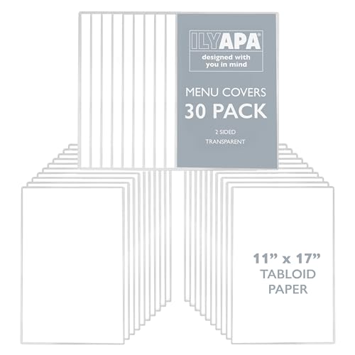 Image of Ilyapa Restaurant Menu Covers 11 x 17 Inch - 30 Pack, Single Page, 2 View Clear Menu Holder Sleeves, Durable PVC Sheet Protector to Cover Inserts | Durable PVC Plastic Sheet Protector, For Restaurant Menu Display, Double-Stitched Edges
