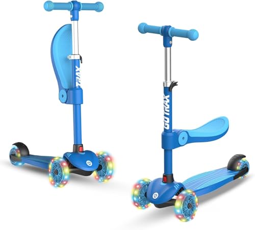 Gotrax KS3 Kids Kick Scooter, LED Lighted Wheels, Adjustable Height Handlebars and Removable Seat, Lean-to-Steer & Widen Anti-Slip Deck, 3 Wheel Scooter for Kids Ages 2-8 and up to 100 Lbs (SkyBlue)