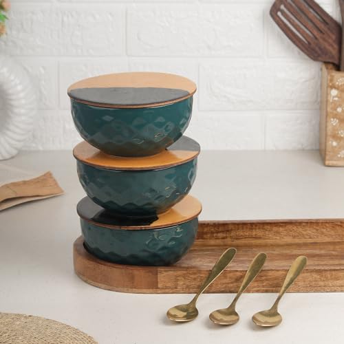 Image of The Earth Store Teal Diamond Ceramic Bowl Serving Set - 3 Bowls (500ml Each) with Wooden Tray, 3 Spoons & 3 Multipurpose Lids /Coaster - for Snacks, Curries, Desserts & Fruits