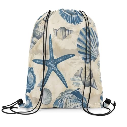 Image of jejeloiu Nautical Drawstring Backpack 13x15.7inch Ocean Theme Seashell Waterproof Gym Drawstring Bags Tropical Beach Sports String Backpack Beach Swim Travel Bag Sackpack