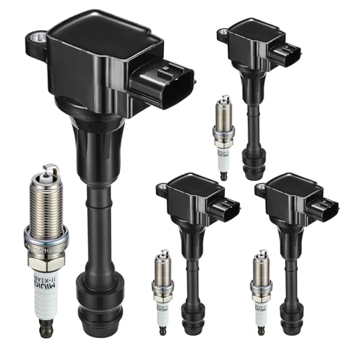 Image of Set of 4 Ignition Coil Pack UF350 and Iridium Spark Plugs 4505 Compatible with Nissan Altima Sentra 2002-2006 2.5L L4 Replaces C1398 22448-8H310 GN10219
