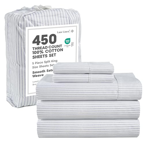 Image of LANE LINEN Split King Sheet Sets for Adjustable Beds - 5 PCs, 450 Thread Count Split King Sheets Set - Sateen Weave King Split Sheets - Split Top King Sheets Set for Adjustable Bed - Tickling Stripe