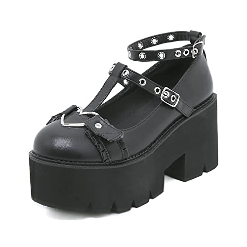 Women's Black High Heel Mary Jane Platform Shoes, Gothic Kawaii Round Toe Chunky Heels Lolita Shoes, Cute Buckle Cosplay Goth Pumps