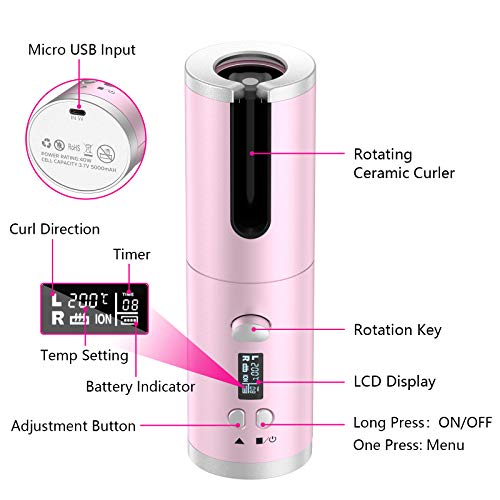 Automatic Curling Iron, Cordless Hair Curling Wand, Intelligent Anti-tangle Hair Curler with Anti-static Infrared & Ionic, MCH Fast Heating & Salon High Heat 390 ℉ with 6 Temp, Rechargeable & Portable - Thumbnail 6