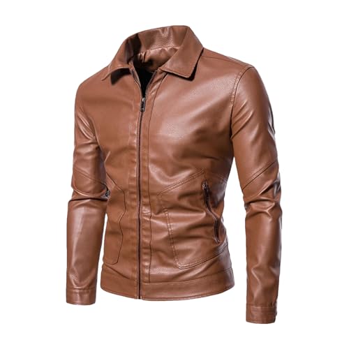 Veste en cuir de moto mince pour hommes avec col rabattu et fermeture éclair