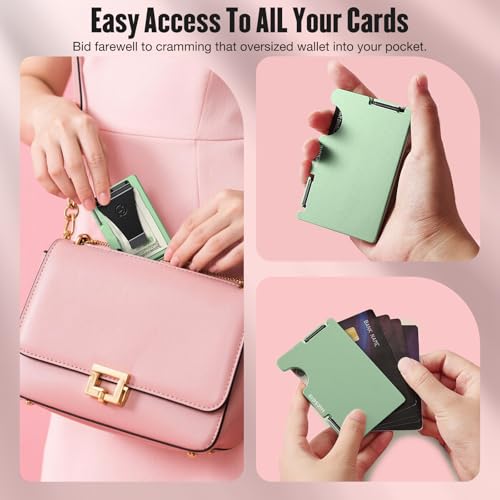 Image of Slim Wallet for Women, Minimalist Card Holder with Money Clip, Metal Front Pocket Wallet, RFID Blocking, Green, PMLC-05