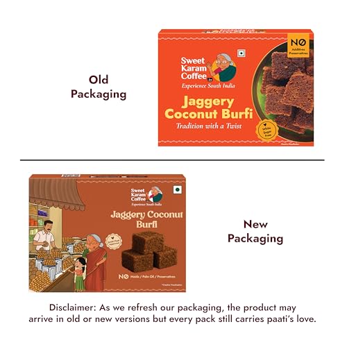 Image of Sweet Karam Coffee Jaggery Coconut Burfi Squares - 150grams | No Refined Sugar or Preservatives | Traditional South Indian Mithai | Made with Natural Jaggery & Coconut | Healthy & Homemade Treat