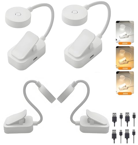 Darlur 4Pack Rechargeable Book Light Bulk for Reading in Bed,3 Color Temperature Reading Light,Adjustable Brightness,Clip on to Book for Reading at Night
