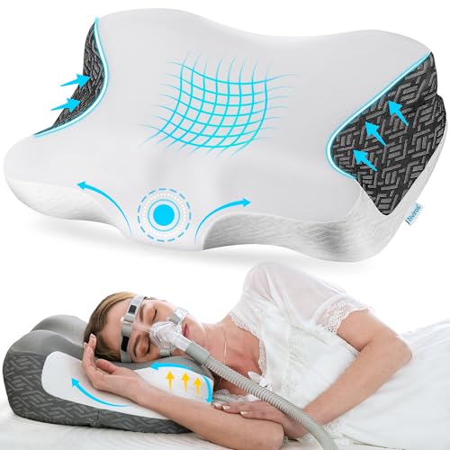 Elviros Cervical Neck Pillow for Neck Pain Relief, CPAP Pillow for Side, Back & Stomach Sleepers, Ergonomic Orthopedic Pillow for CPAP Users to Reduce Air Leaks and Mask Pressure, White