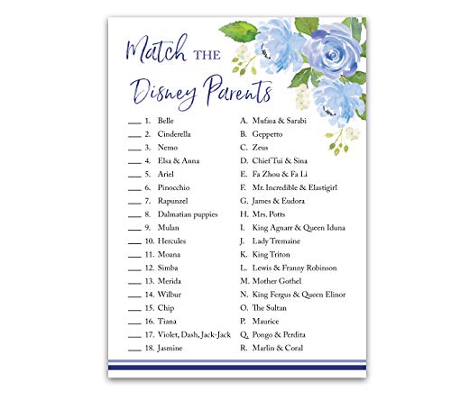 Baby in Bloom Parent Match Baby Shower Game for Boy – Blue Floral Botanical Baby Shower Games, Match Famous Cartoon Parents Cards, Pack of 25, Garden Theme Star kids Couples Shower Activity G705-DPM
