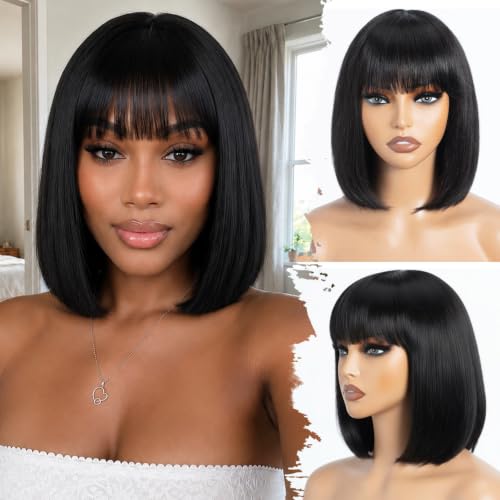 Image of Bob Human Hair Wig With Bangs Wear and Go Glueless Wig 180% Density | 12 Inch Straight Human Hair Bob Wig with Bangs Ready to Wear Glueless Design Easy Install for Black Women