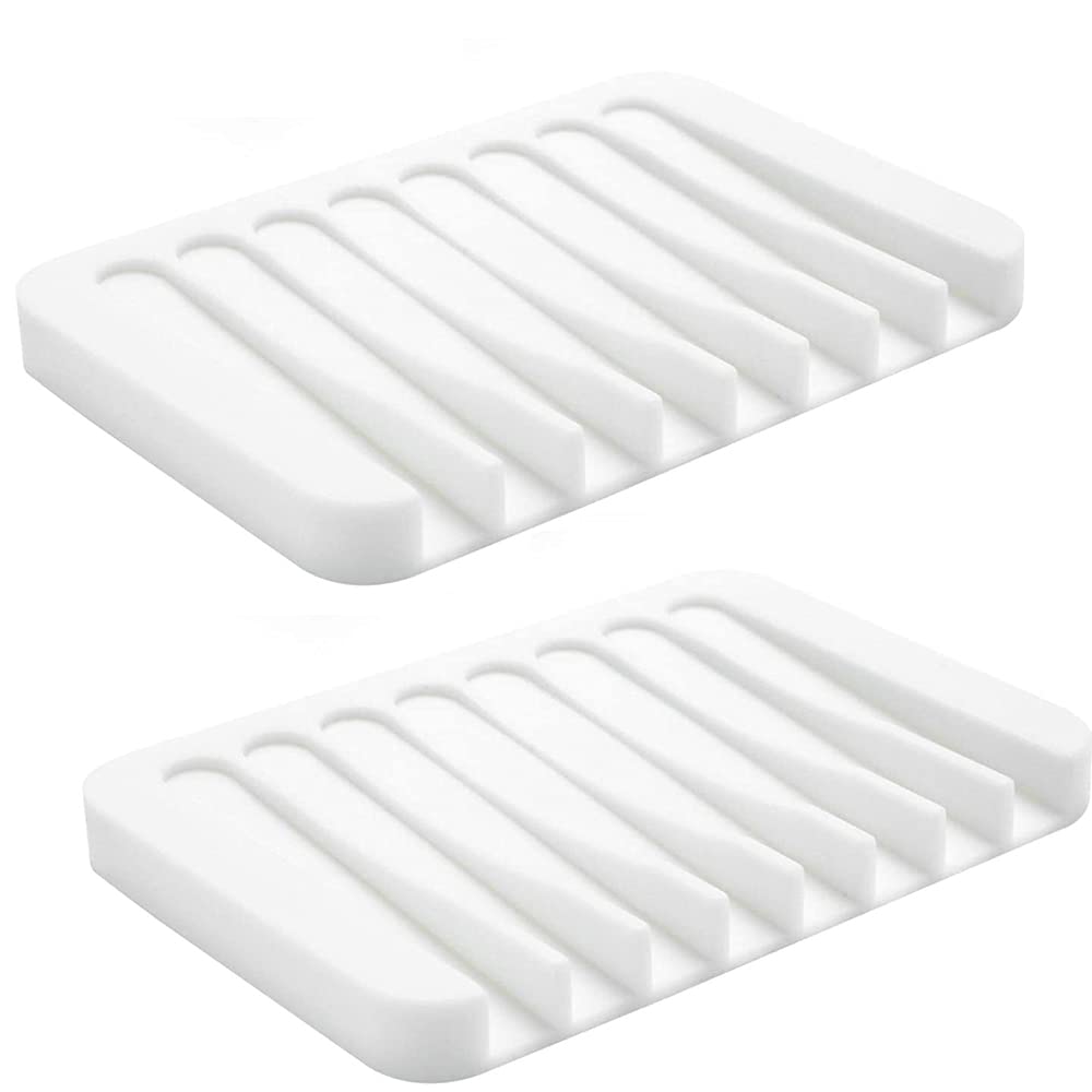 Fangsues Self Draining Soap Dishes, Waterfall Anti-Slip Design Soap Holder for Shower Kitchen Bathroom Easy Cleaning Flexible Silicone (white, 2)